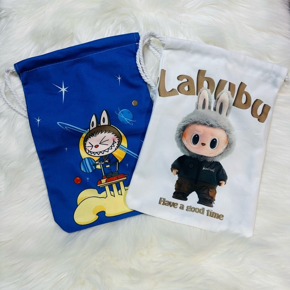2 bags Blue and White Drawstring Bags with Labubu Cartoon Designs